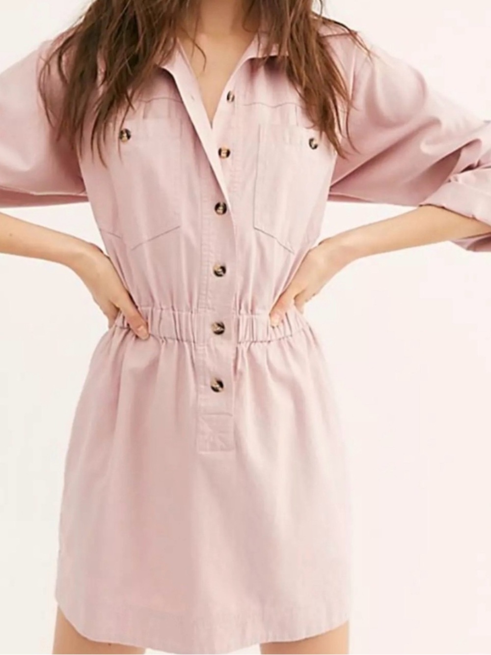 Free People Hazel Dusty Pink Cotton Utility Button Down Mini Dress S